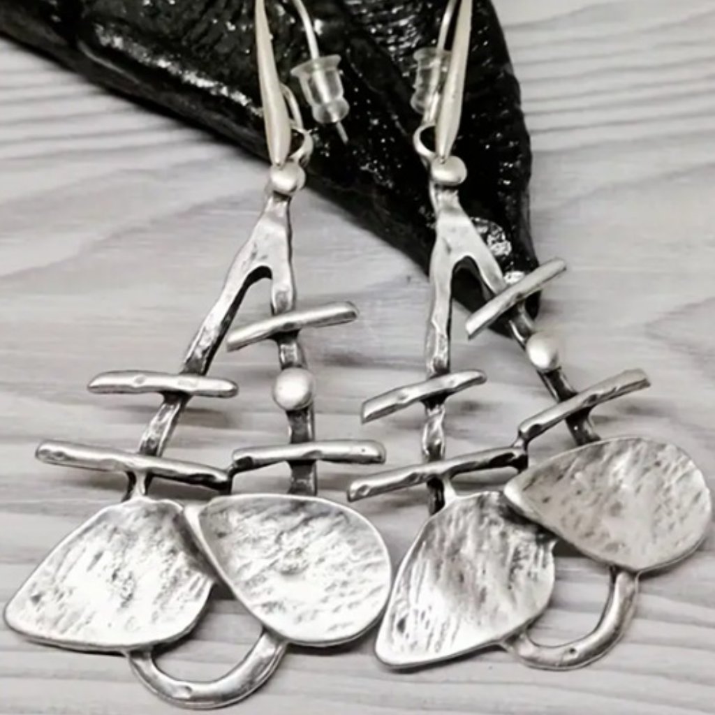 Unique Boho Hollow Bar & Teardrop Design Pendant Earrings Silver Electro-Plated